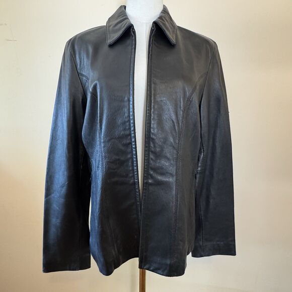 Vintage Nine West Soft Leather Jacket Women's Medium Zip Front Pockets Black - Picture 2 of 8